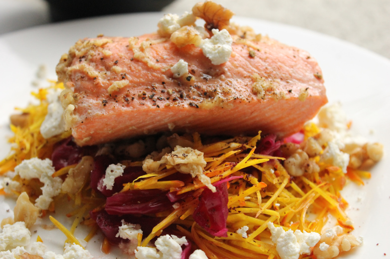 Beetroot, Walnut and Feta salad with Salmon